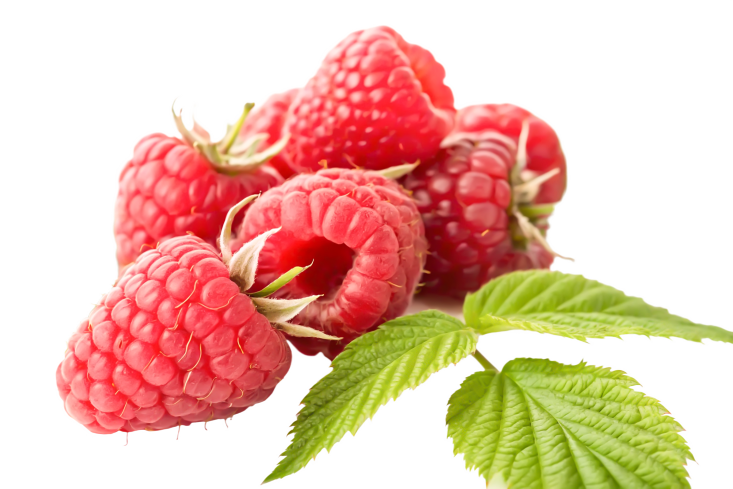 Fresh Raspberries with Green Leaves Close-up Macro Photography of Ripe Berries png