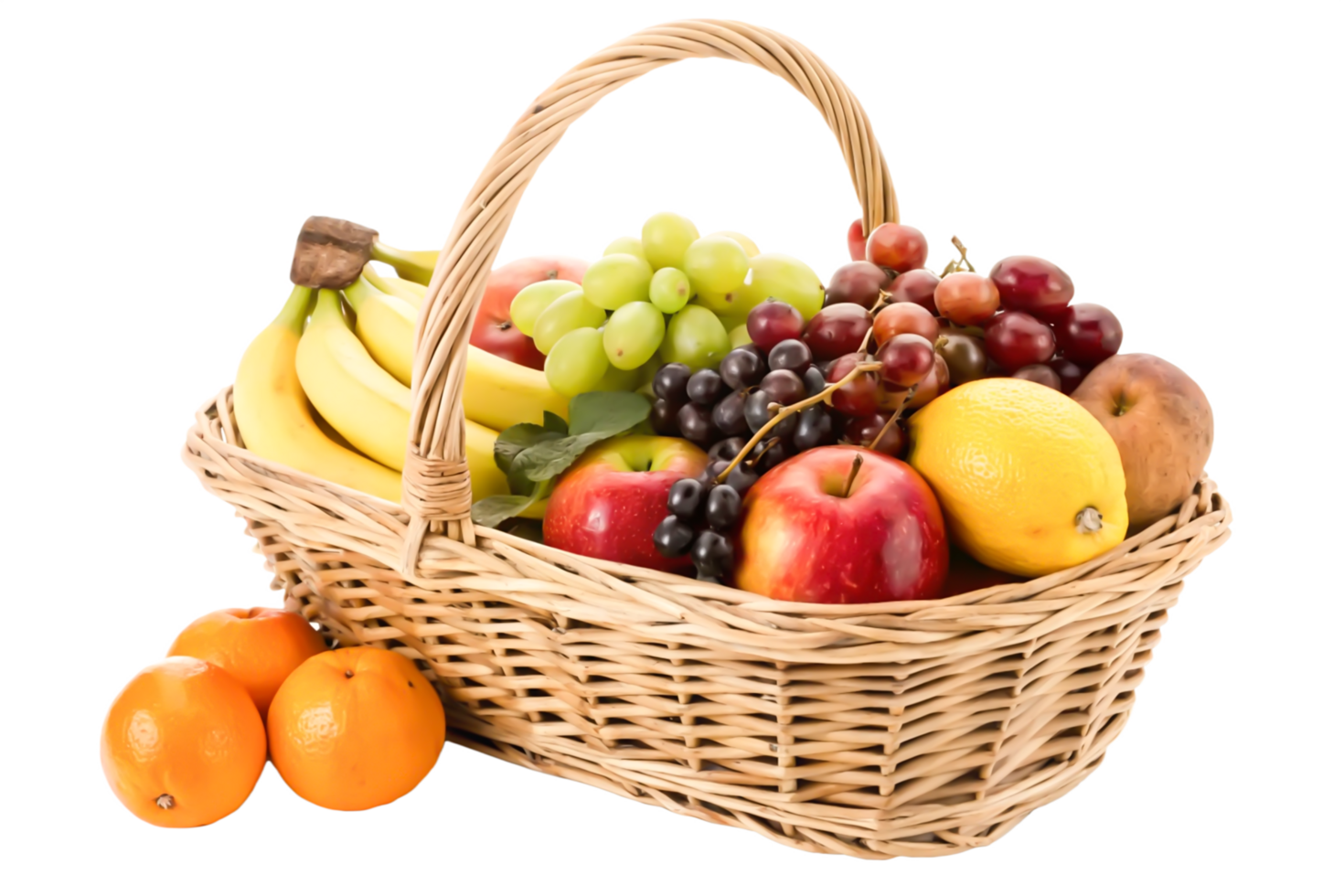 Wicker Basket Overflowing with Fresh Fruit Apples, Bananas, Grapes, Oranges, and Lemon png
