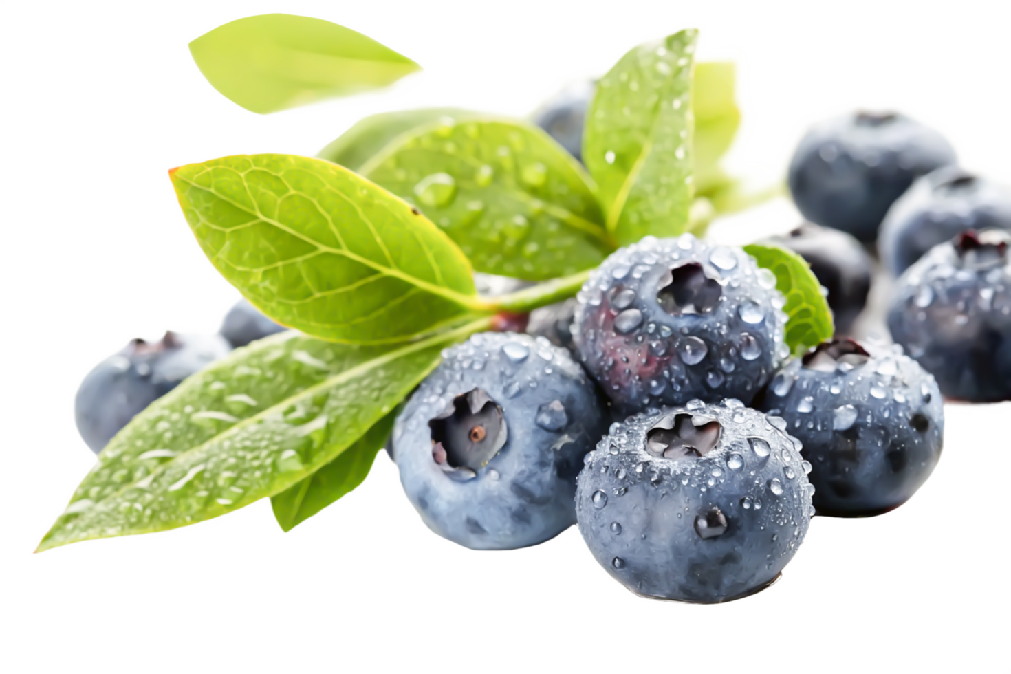 Juicy Blueberries with Dew Drops on Fresh Green Leaves Close-up Macro Photography png