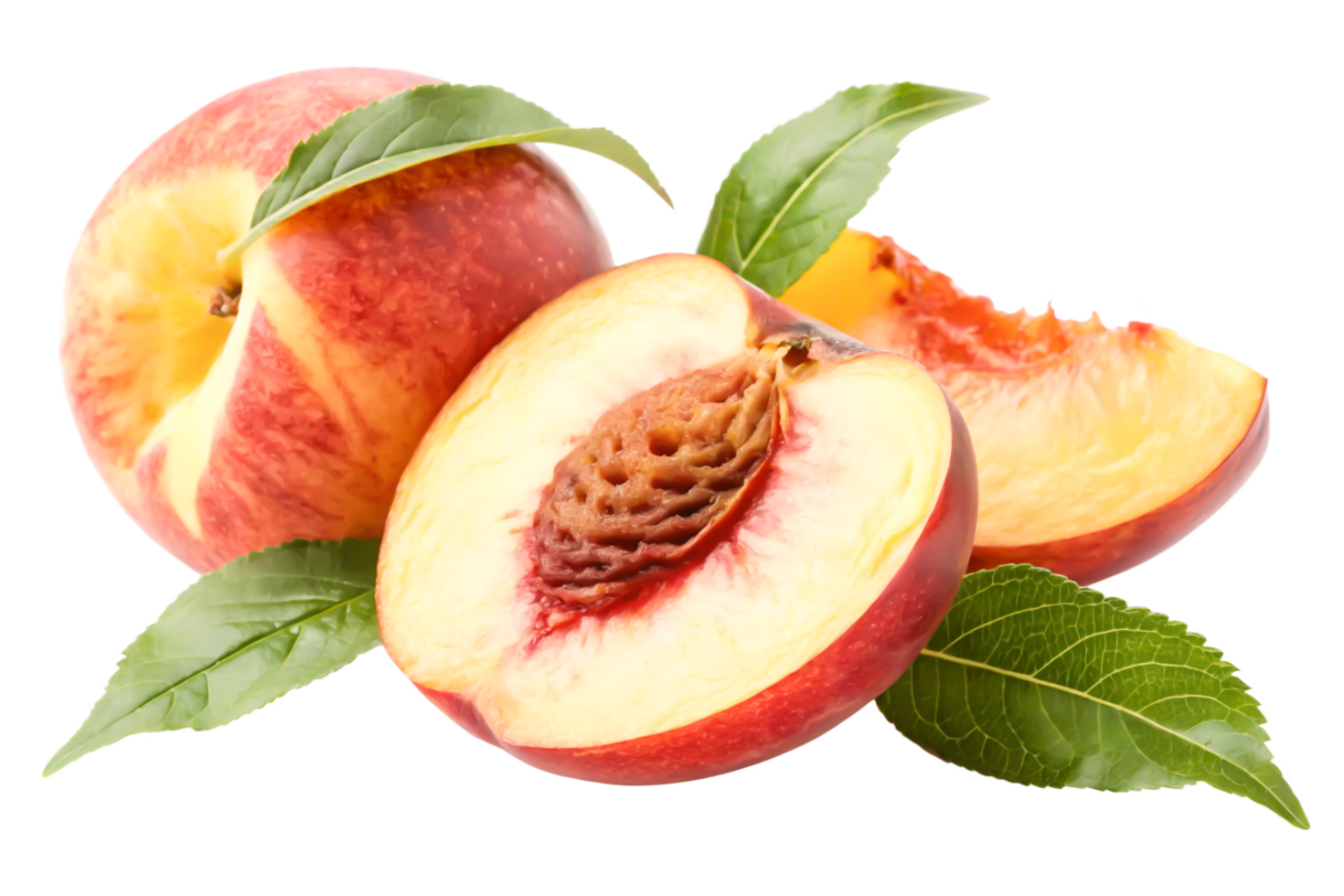Juicy Nectarines Fresh, Ripe Fruit with Green Leaves, Close-up Still Life Photography png