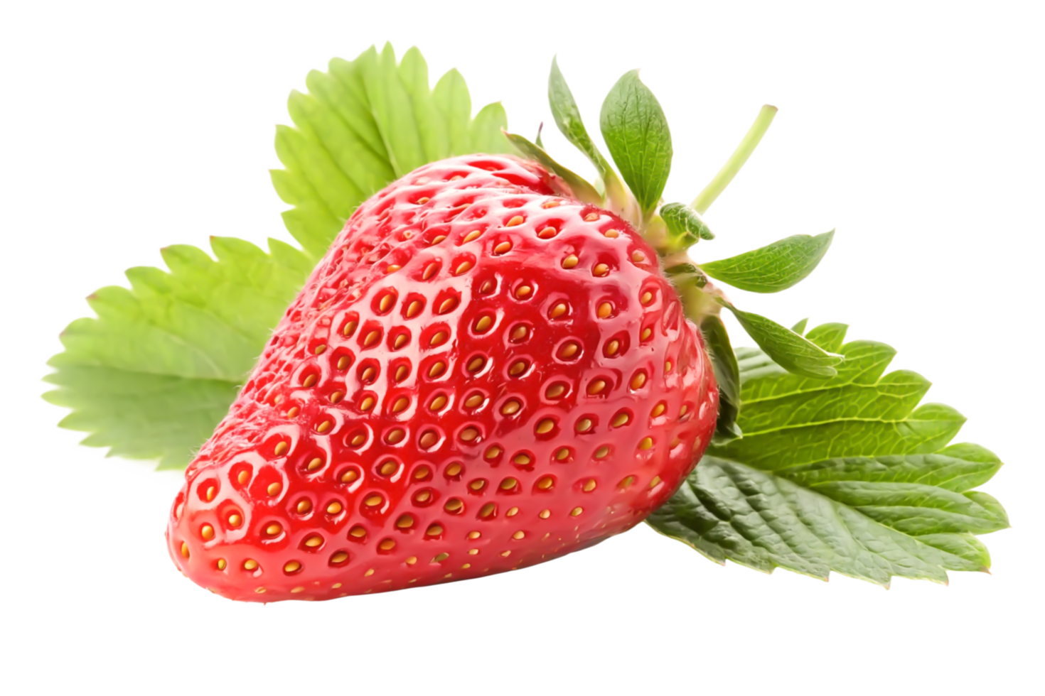 Juicy Red Strawberry with Green Leaves, Fresh Fruit Closeup Photography png