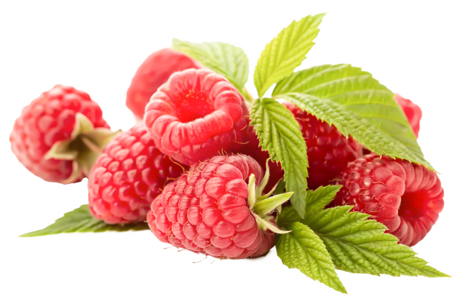 Juicy Red Raspberries with Green Leaves Fresh Fruit Close-up Image png