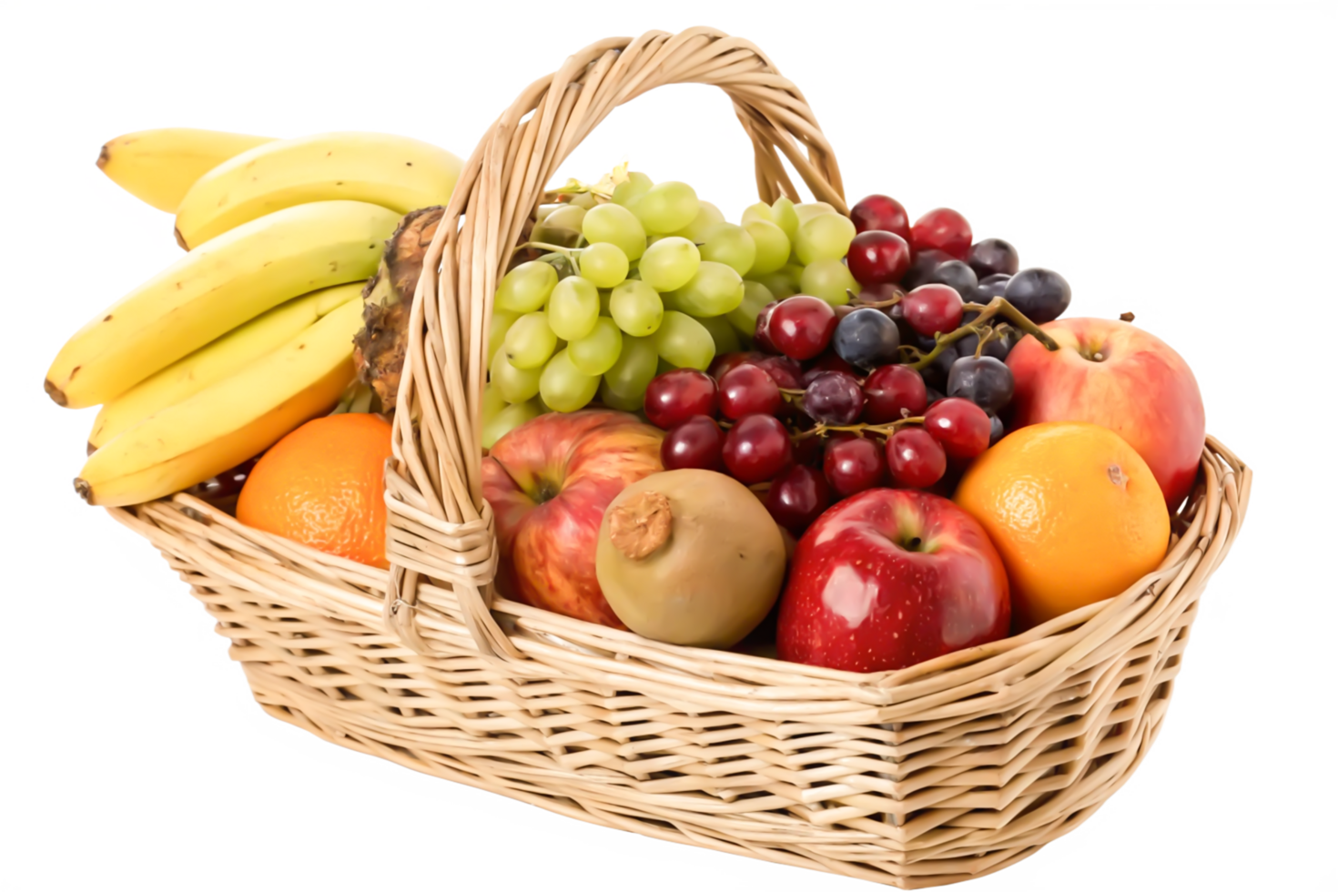 Wicker Basket of Fresh Fruit Bananas, Apples, Grapes, Oranges, Kiwi png