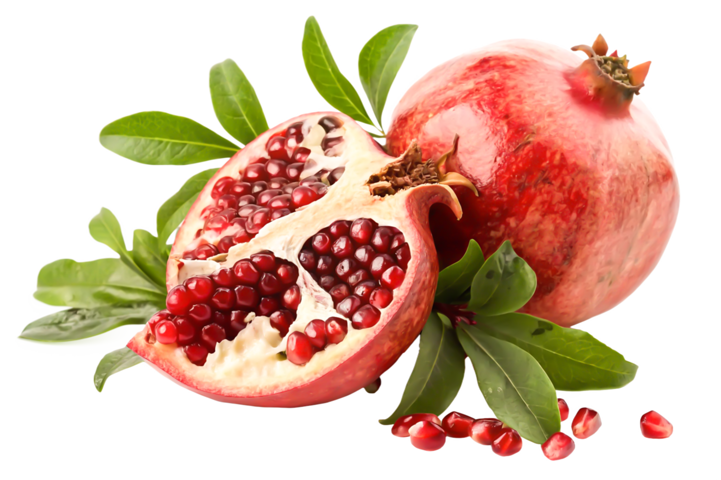 Juicy Pomegranate Fruit with Seeds and Green Leaves High-Resolution Still Life Photography png