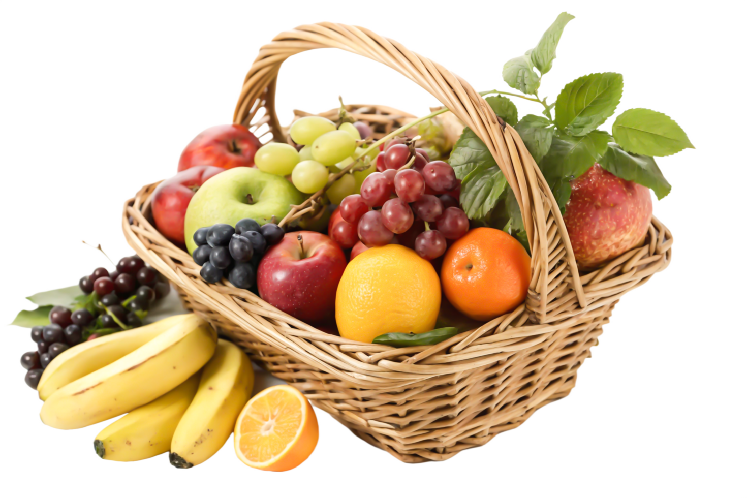 Fresh Fruit Basket Apples, Grapes, Bananas, Oranges in Wicker Basket png