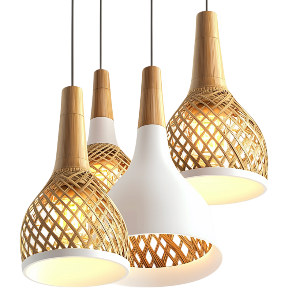 Stylish woven rattan pendant lamp emitting a golden warm glow, adding modern aesthetic appeal to interior spaces. png