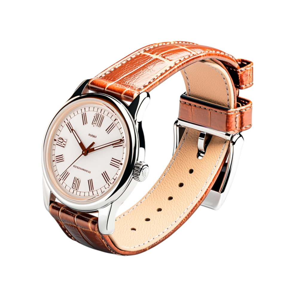 Elegant silver wristwatch a brown leather strap minimalist design, blending timeless sophistication everyday functionality. png