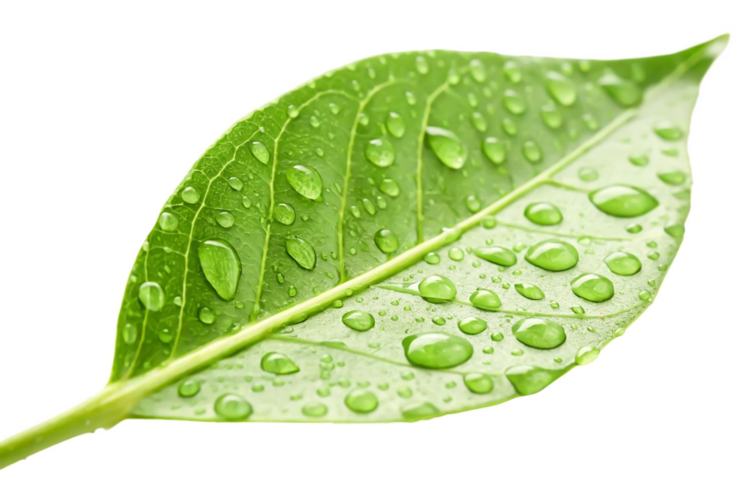Lush Green Leaf with Dew Drops Nature Macro Photography, Spring, Isolated png