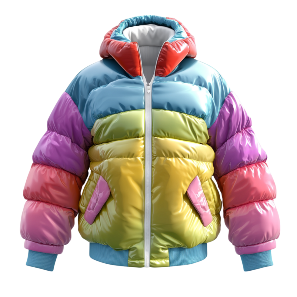 Stylish multicolored puffer jacket a trendy gradient design, offering warmth fashionable appeal for cold weather. png