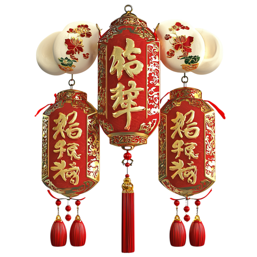 Traditional Chinese red lantern decorations adorned golden tassels intricate patterns, illuminating festive celebrations. png