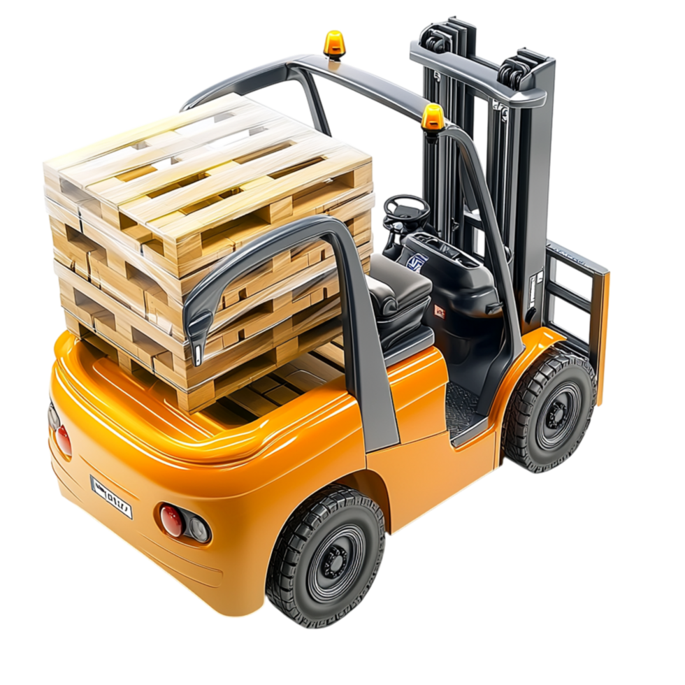 Industrial yellow forklift carrying heavy wooden pallets a strong sturdy frame, built for efficiency reliability. png