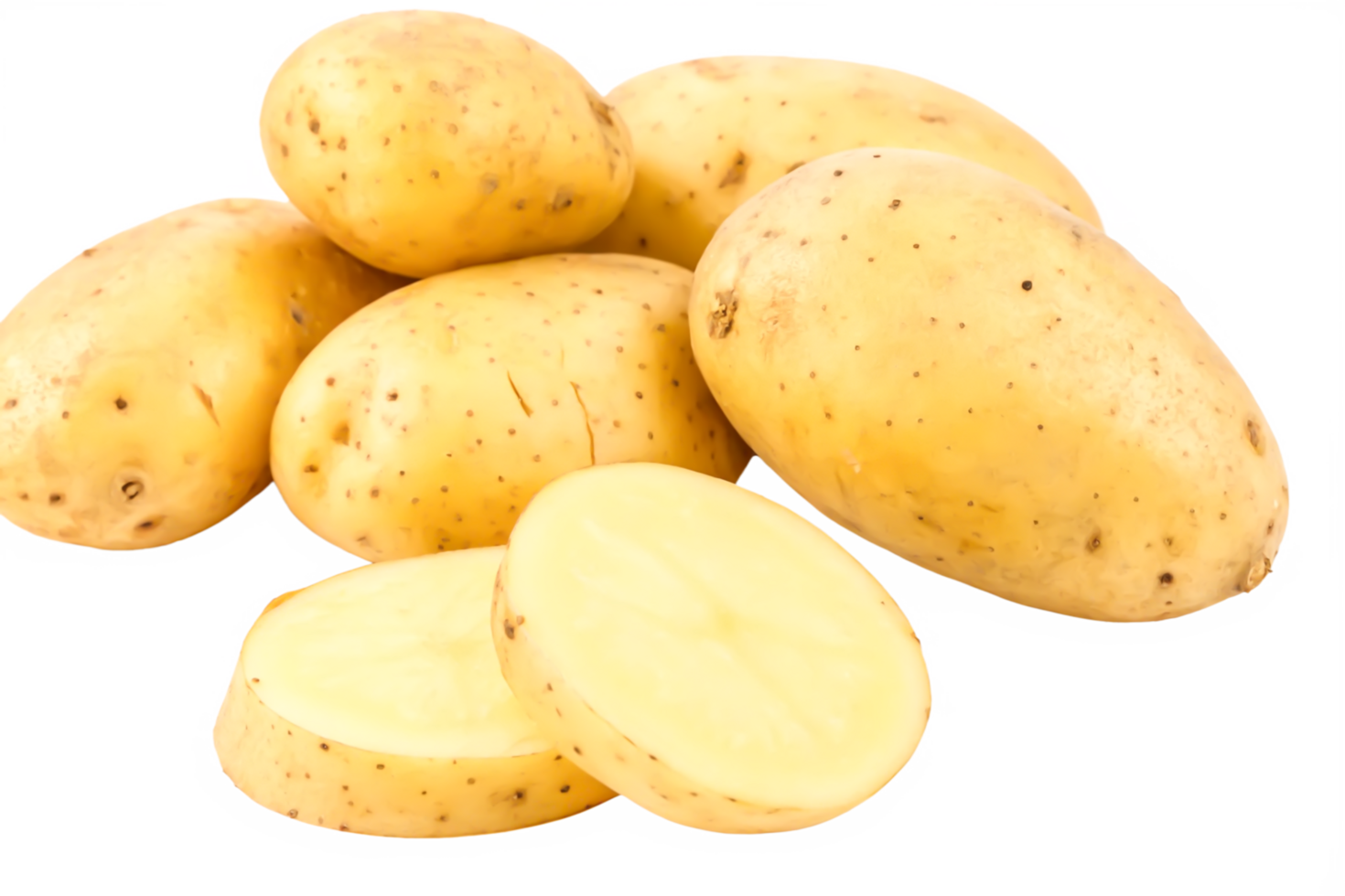 Fresh Yellow Potatoes, Closeup of Whole and Sliced Potatoes png