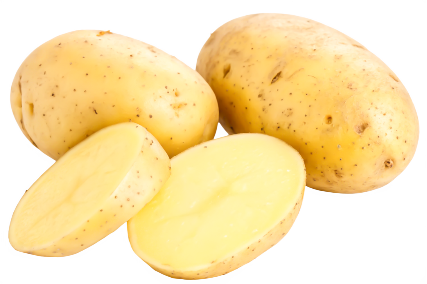 Fresh Yellow Potatoes Close-up of Whole and Sliced Potatoes, Isolated on Black Background png
