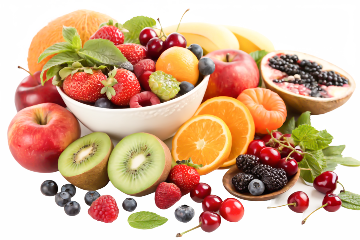 Fresh Fruit Bowl Colorful Strawberries, Apples, Oranges, and More png