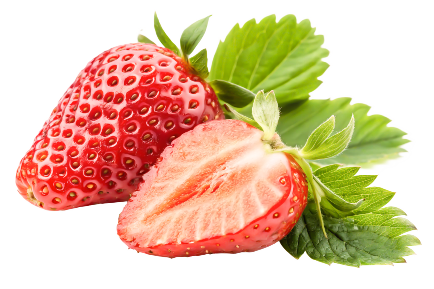 Juicy Red Strawberries with Green Leaves Fresh Fruit Closeup Photography png