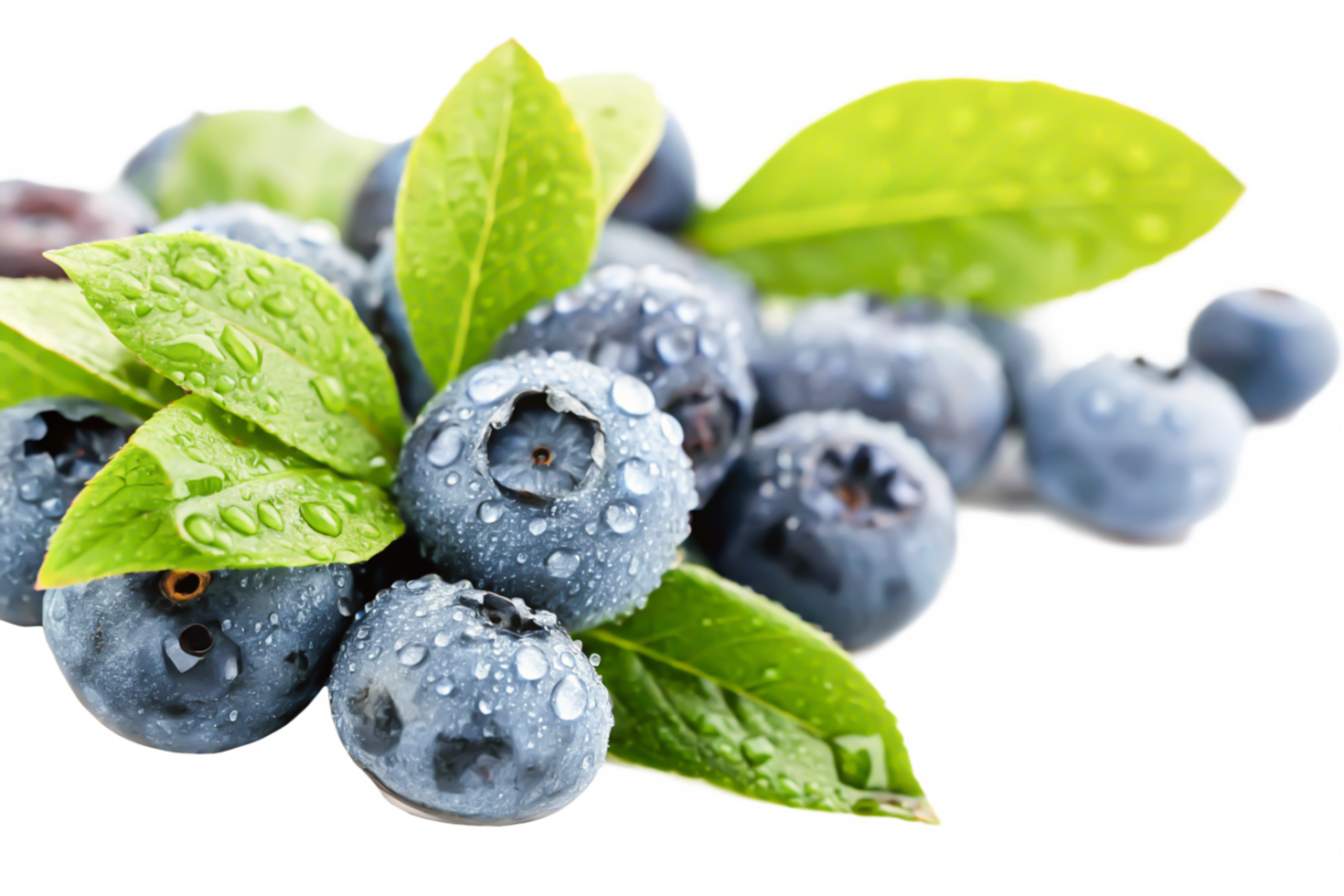 Juicy Fresh Blueberries with Dew Drops and Green Leaves - Close-up Macro Photography png