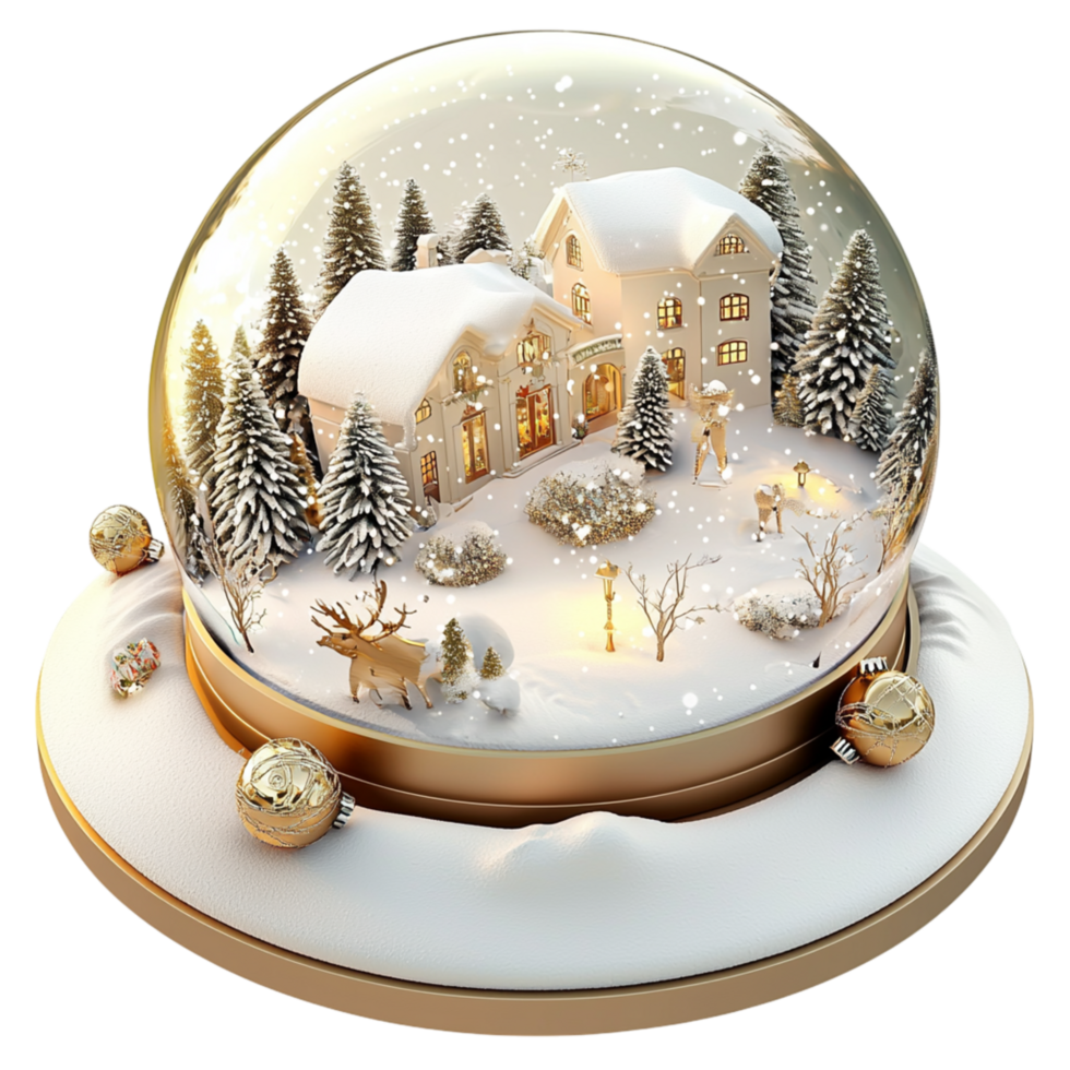 Beautiful glass snow globe showcasing a mesmerizing fairytale castle golden details, creating a magical winter scene. png