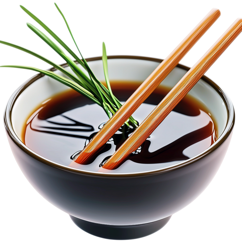Traditional soy sauce bowl filled rich, dark liquid, accompanied by wooden chopsticks resting elegantly on the edge. png