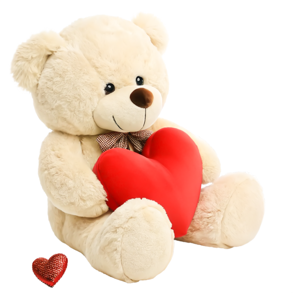 Adorable Beige Teddy Bear Holding Red Heart Plush Toy, Valentine's Day Gift png
