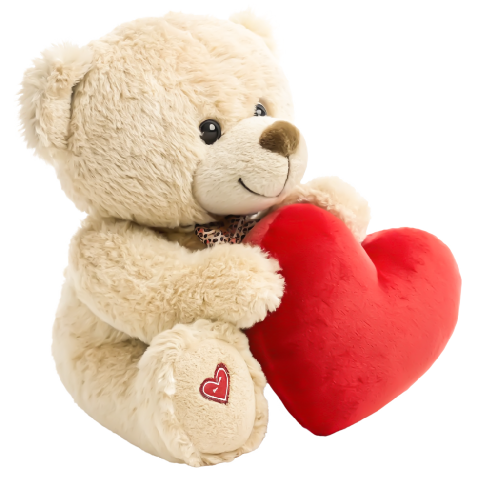 Adorable Beige Teddy Bear Holding a Red Heart Plush Toy for Valentine's Day png
