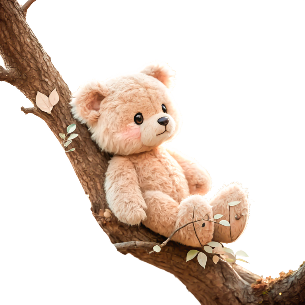 Adorable Beige Teddy Bear Sitting on Tree Branch, Cute Cartoon Illustration png