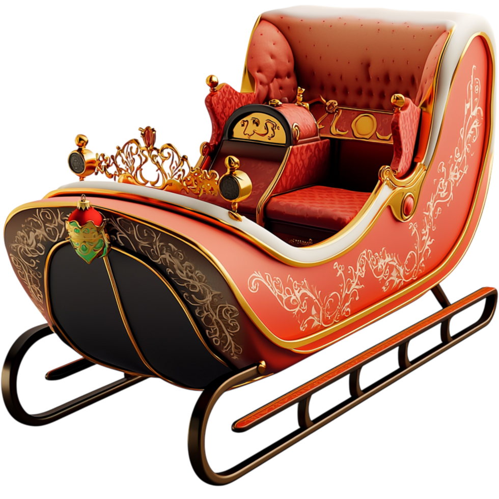 Elegant vintage red gold sleigh intricate carvings detailed metalwork, embodying the magic of Christmas. png