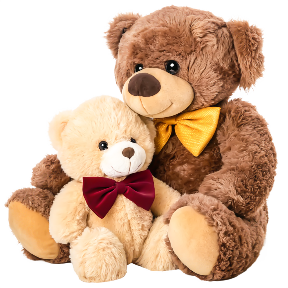 Adorable Brown and Beige Teddy Bears with Bows, Sitting Together, Isolated on White Background png