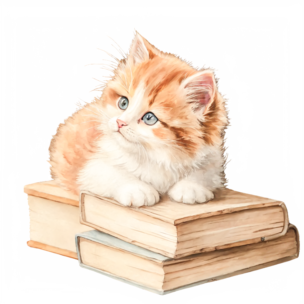 Adorable Ginger Kitten Resting on Stack of Antique Books Watercolor Painting png