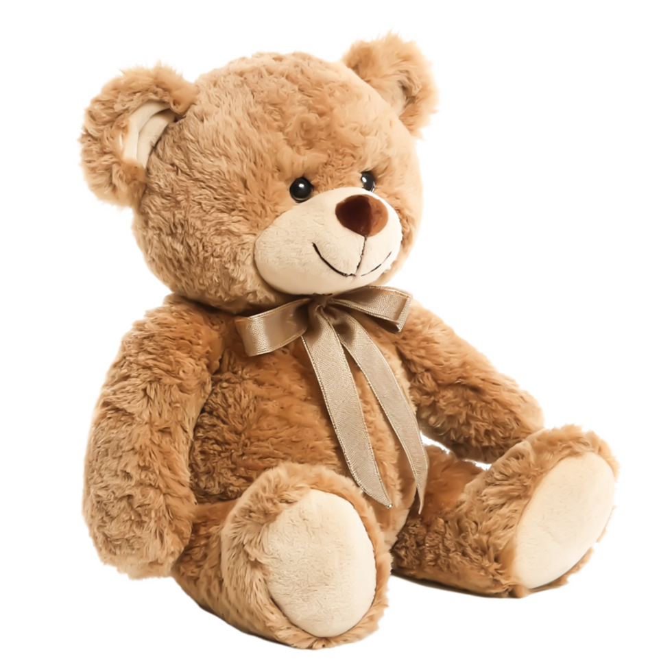 Adorable Brown Teddy Bear with Beige Bow, Plush Toy, Stuffed Animal, White Background png