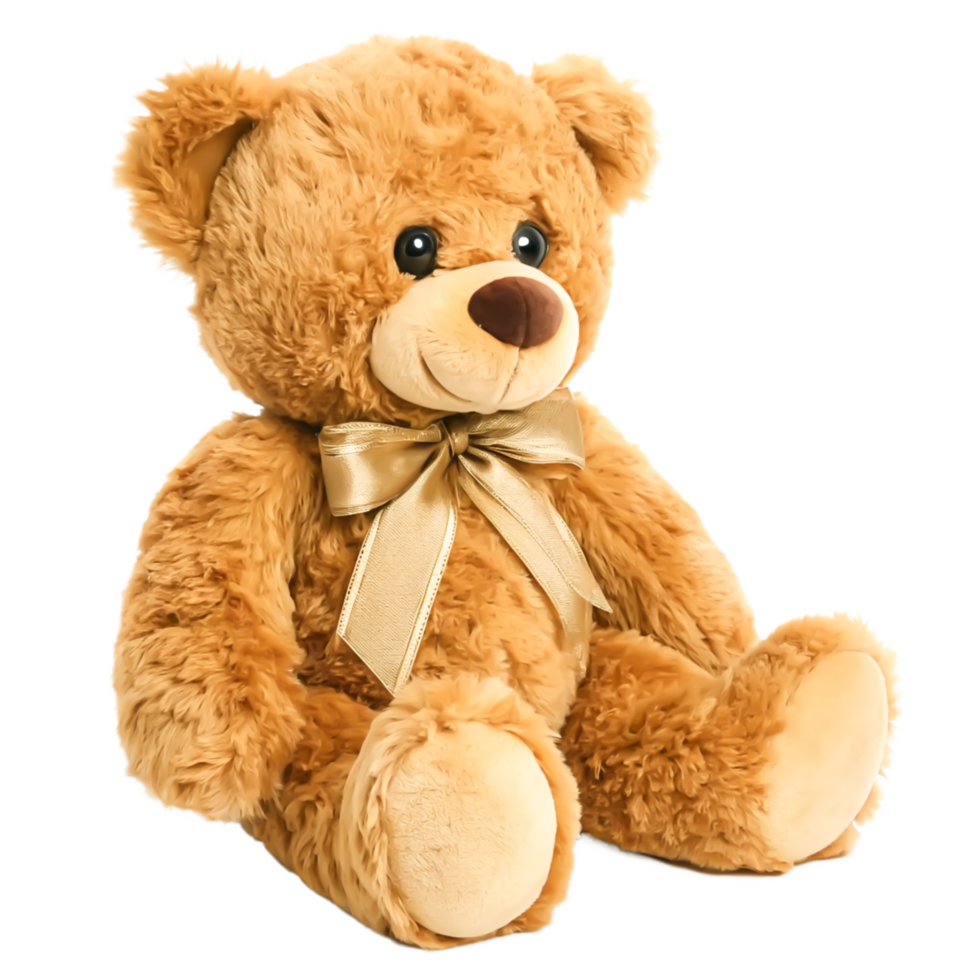 Adorable Brown Teddy Bear with Gold Bow, Plush Toy, Isolated on White Background png