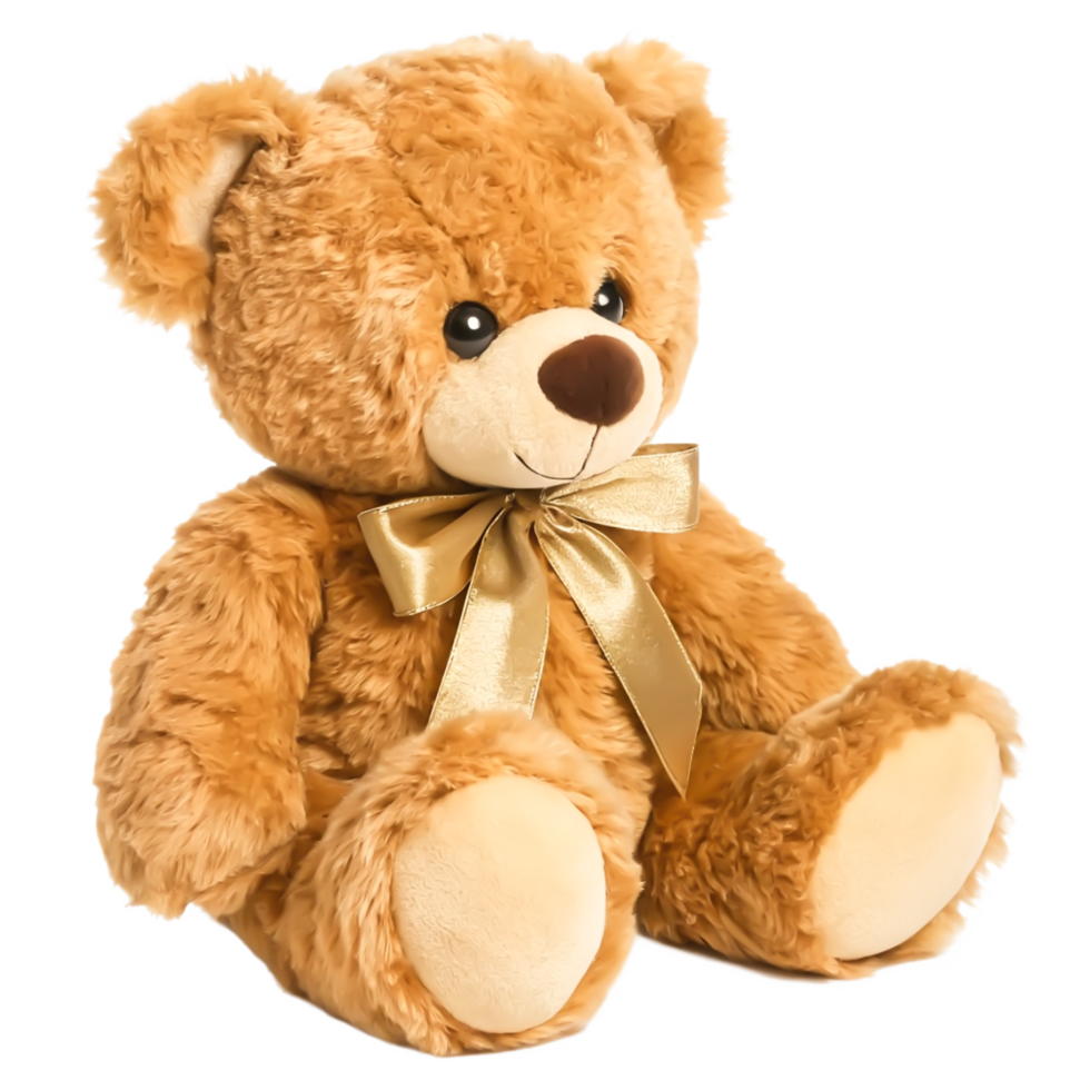 Adorable Brown Teddy Bear with Gold Bow, Plush Toy, Sitting Pose, Soft Fur png