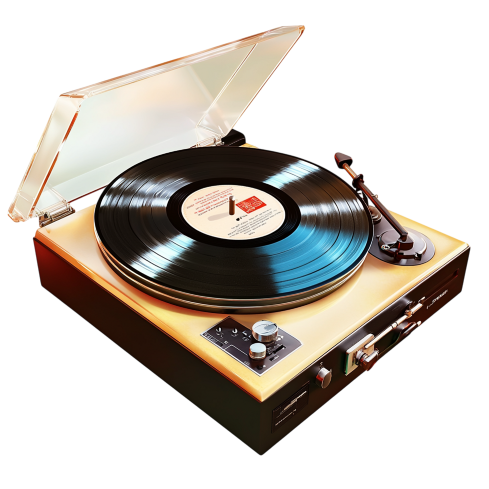 Vintage wooden record player spinning a classic vinyl disc, featuring a nostalgic needle arm for highquality sound. png