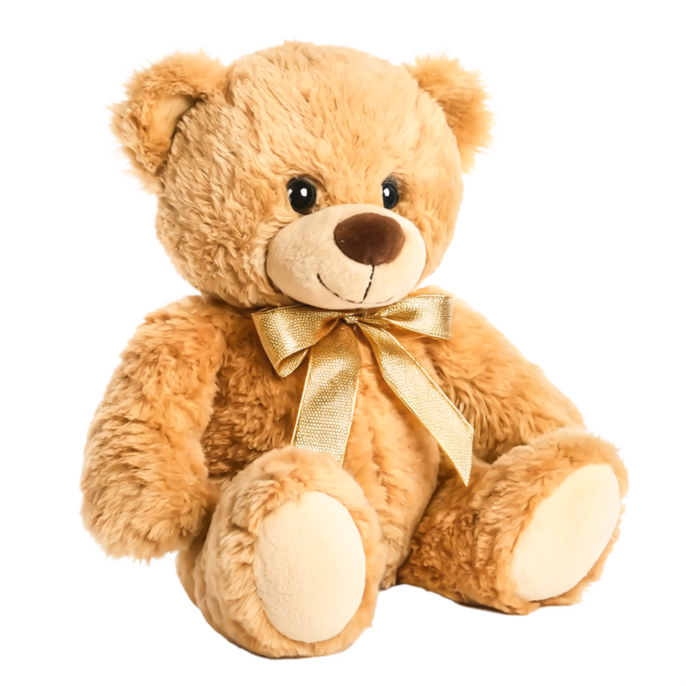 Adorable Light Brown Teddy Bear with Gold Bow, Plush Toy, Isolated White Background png