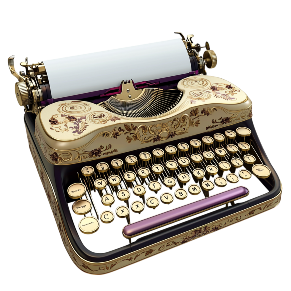 Antique black gold typewriter round keys intricate mechanical design, showcasing historical craftsmanship elegance. png