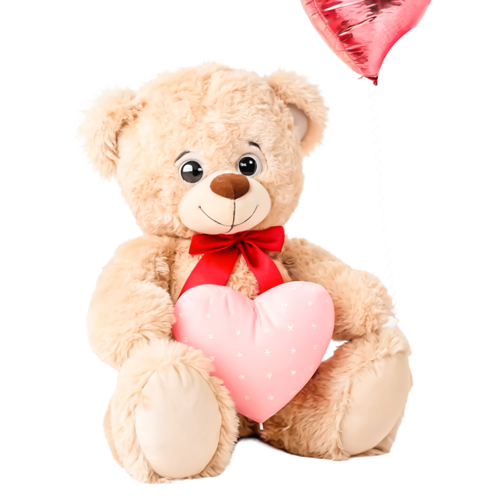 Adorable Teddy Bear Holding Pink Heart with Red Balloon for Valentine's Day png