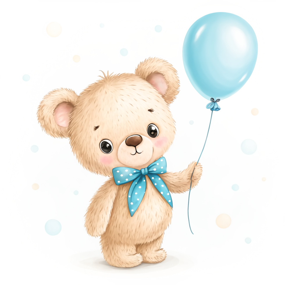 Adorable Teddy Bear with Light Blue Balloon, Cute Cartoon Illustration png