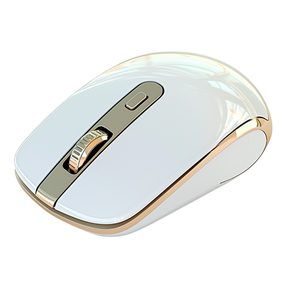 Modern wireless computer mouse showcasing a sleek silver gold design, offering smooth navigation a stylish, hightech aesthetic. png