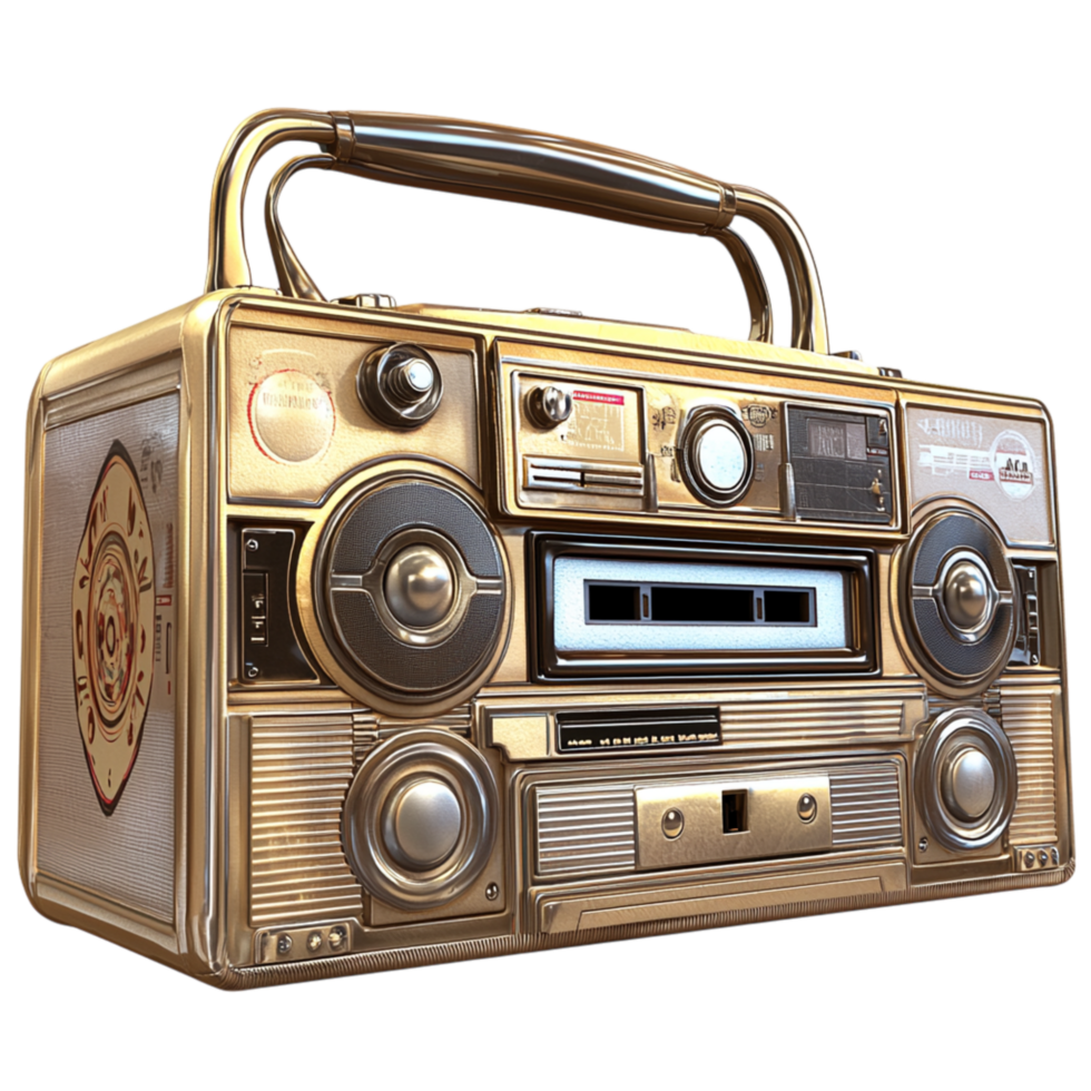 Retro golden boombox large speakers a cassette player in the center, bringing nostalgic vibes music. png