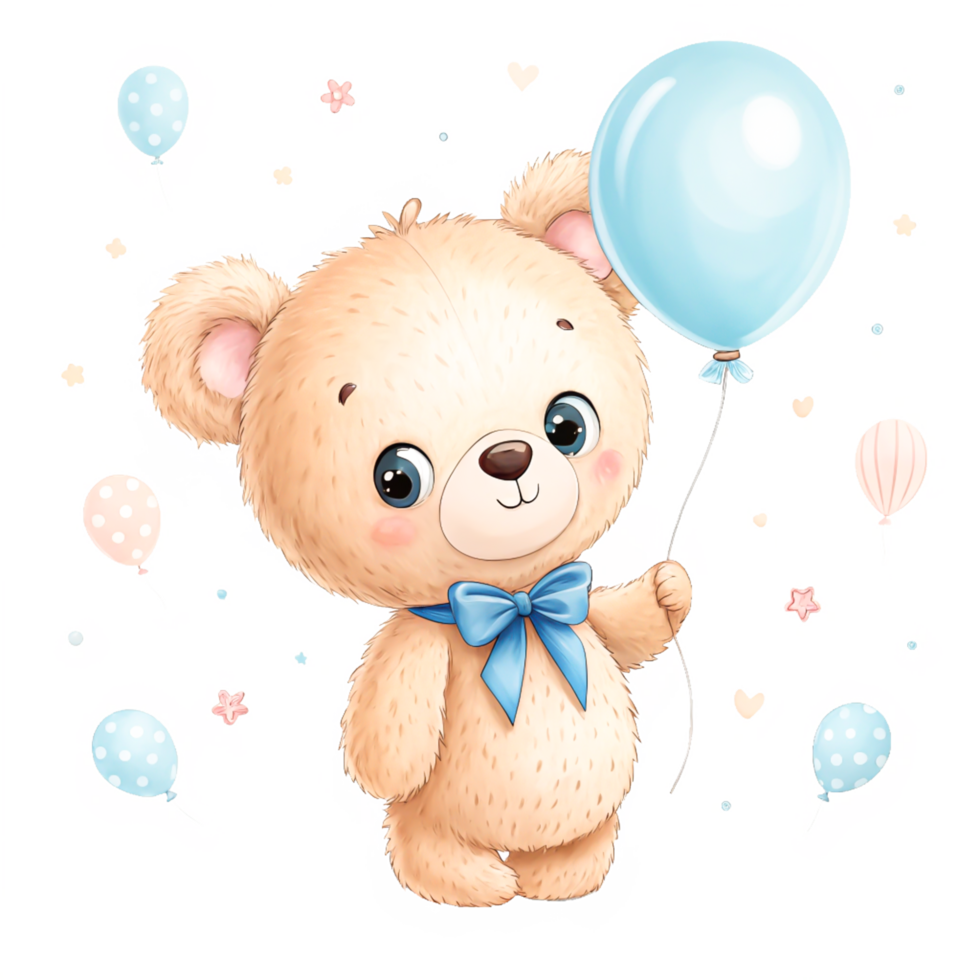 Adorable Teddy Bear with Blue Balloon, Cute Baby Shower Illustration png