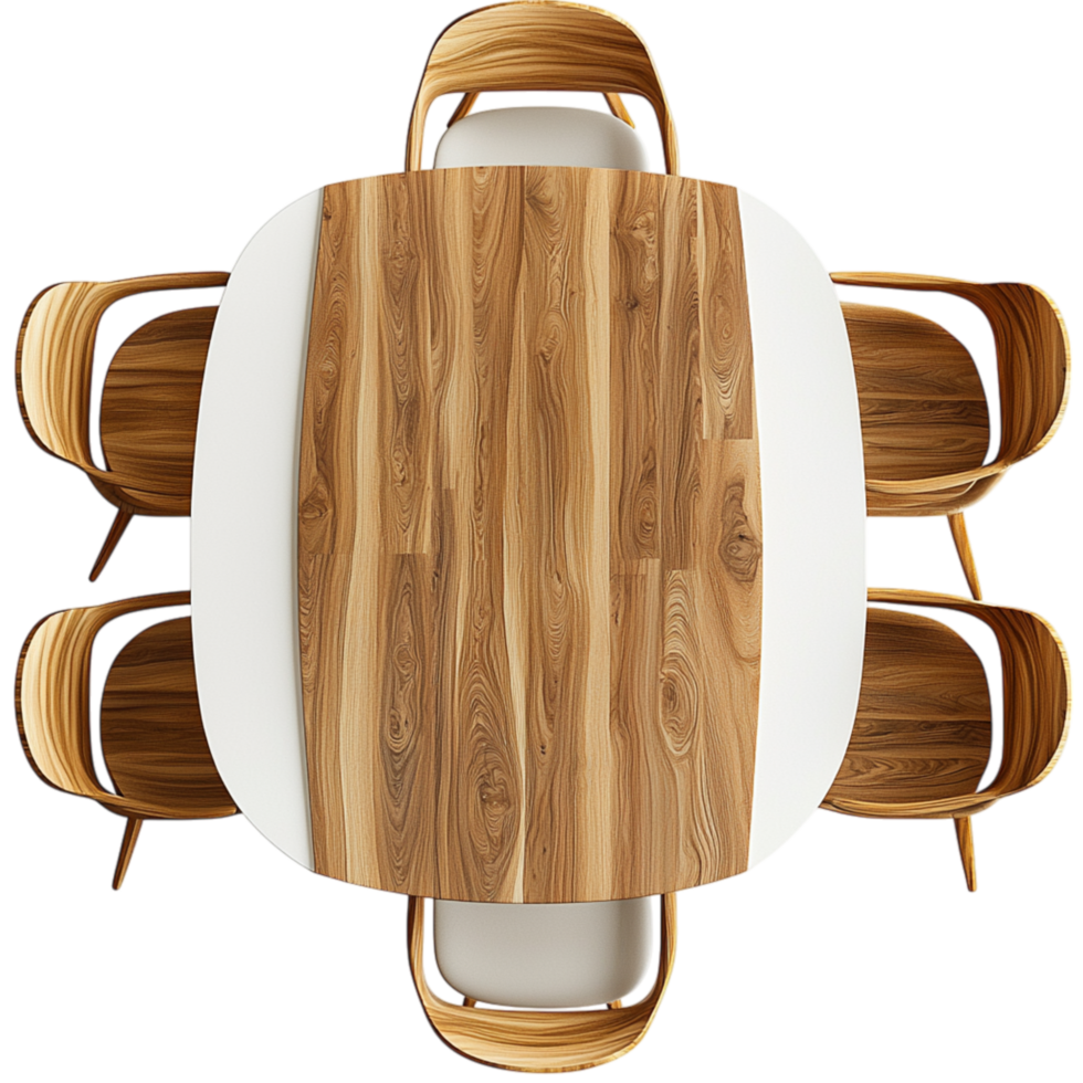 Round wooden dining table set fine white china golden utensils, ready for an exquisite meal. png