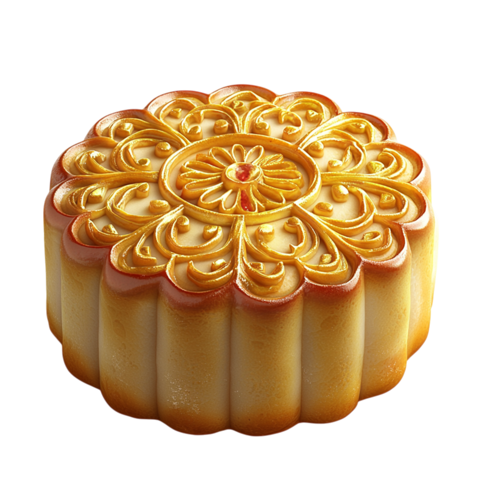 Delicious golden mooncake intricateistic patterns showcasing a rich soft filling inside, perfect for festive special occasions. png