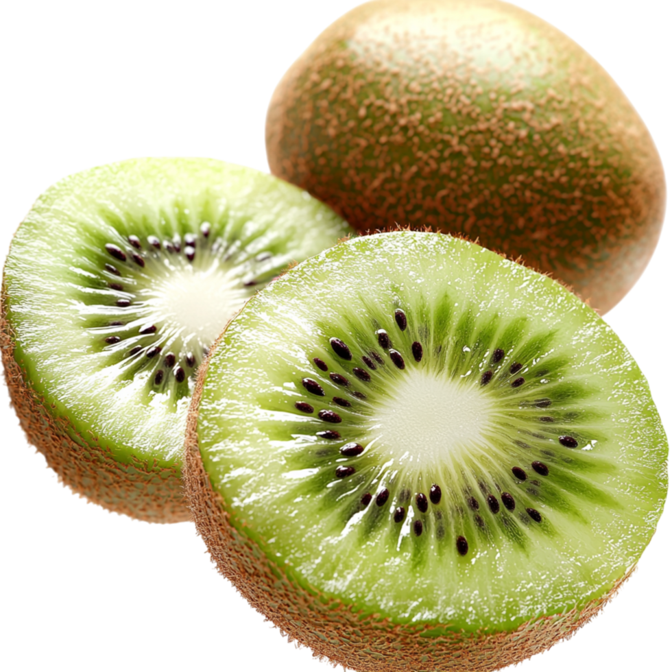 Fresh ripe kiwi fruit sliced open to reveal its bright green, juicy flesh tiny edible black seeds inside. png