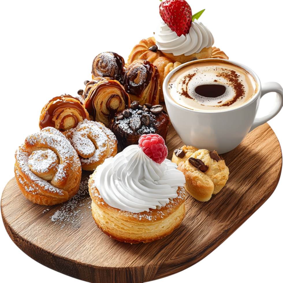Assorted coffee pastries meticulously arranged on a white ceramic plate, creating an inviting delightful spread. png