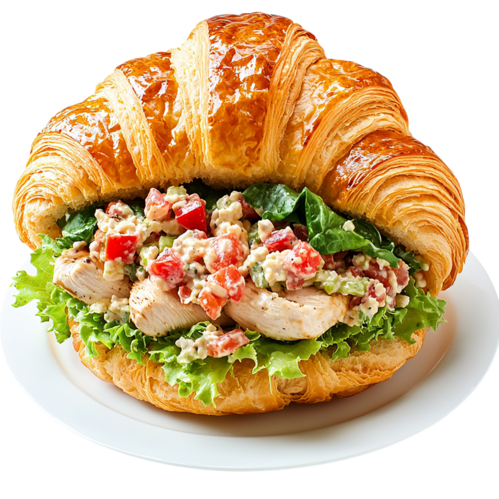 Flaky buttery croissant swich filled generously crisp lettuce deliciously creamy seafood salad filling. png