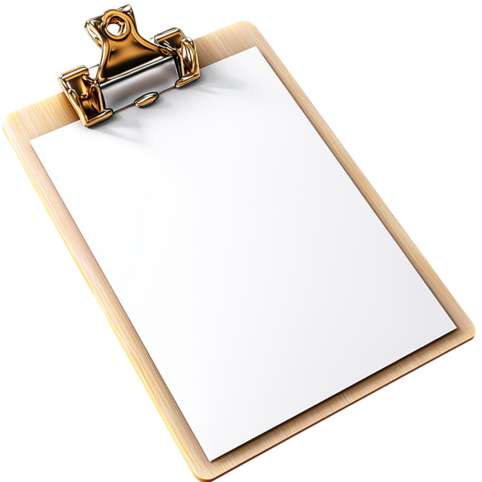 Minimalist clipboard securely holding a blank white sheet of paper fastened by a polished silver clip. png