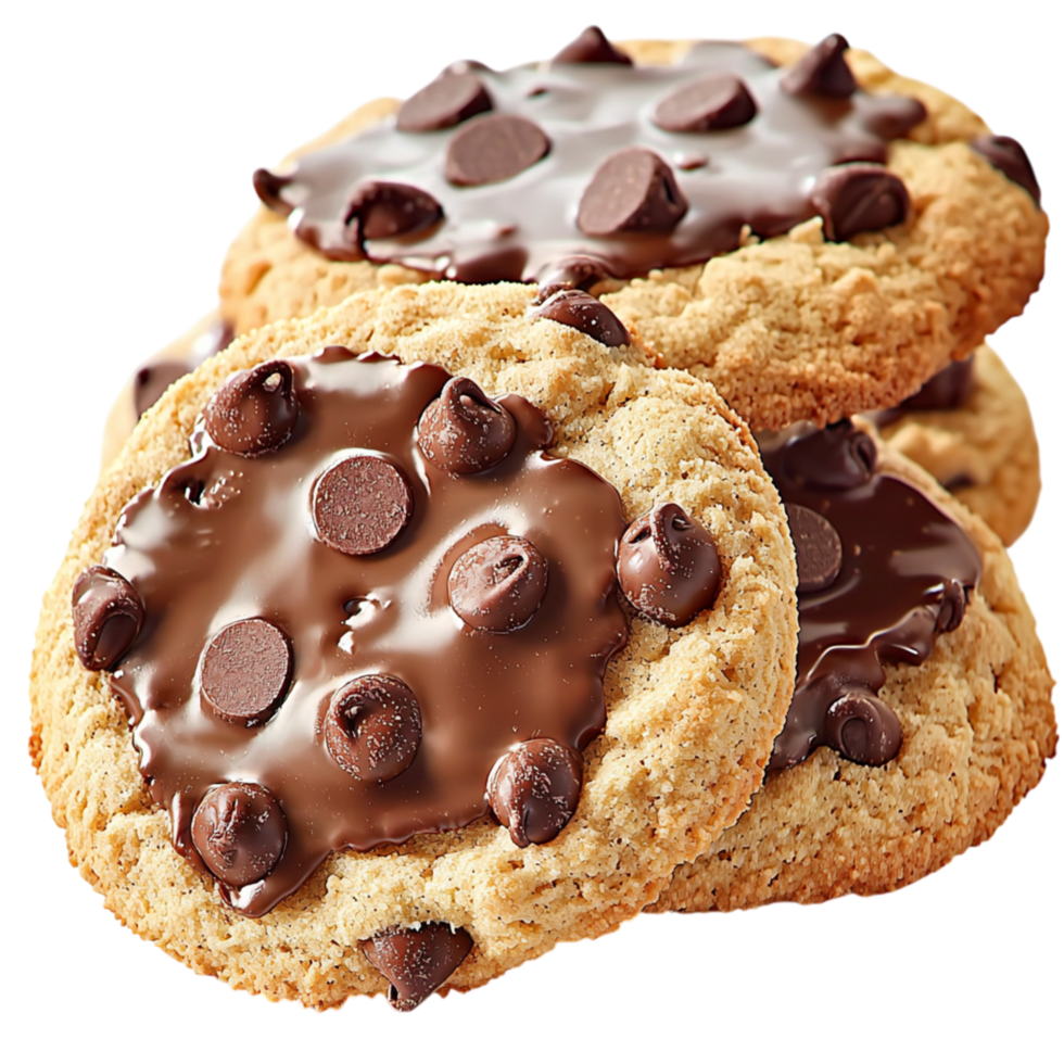 Freshly baked chocolate chip cookies showcasing gooey melted chocolate perfectly crispy goldenbrown edges. png