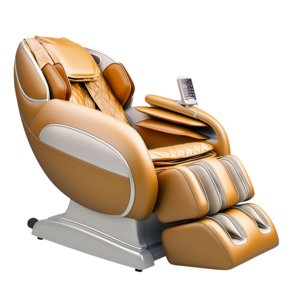 Comfortable orange massage chair offering multiple relaxation settings, innovative reclining features, an ergonomic design for ultimate soothing relief. png
