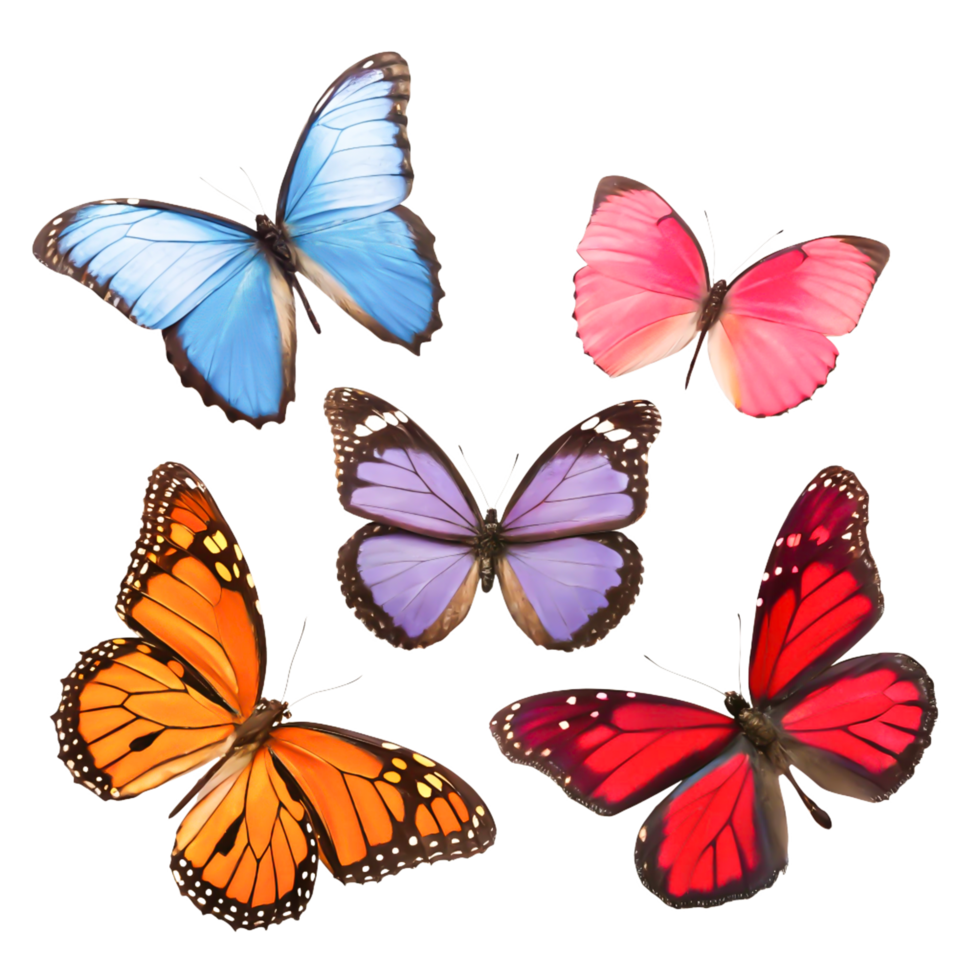 Vibrant Collection of Five Colorful Butterflies Isolated on White Background png
