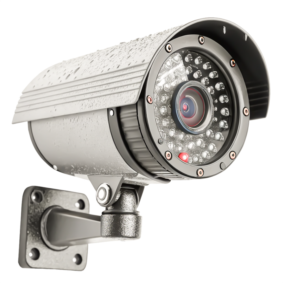 High-Resolution 3D Render of a Modern Security CCTV Camera with Rain Drops png