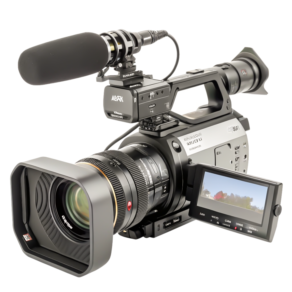 Professional Broadcast Camcorder with Shotgun Microphone and LCD Screen png